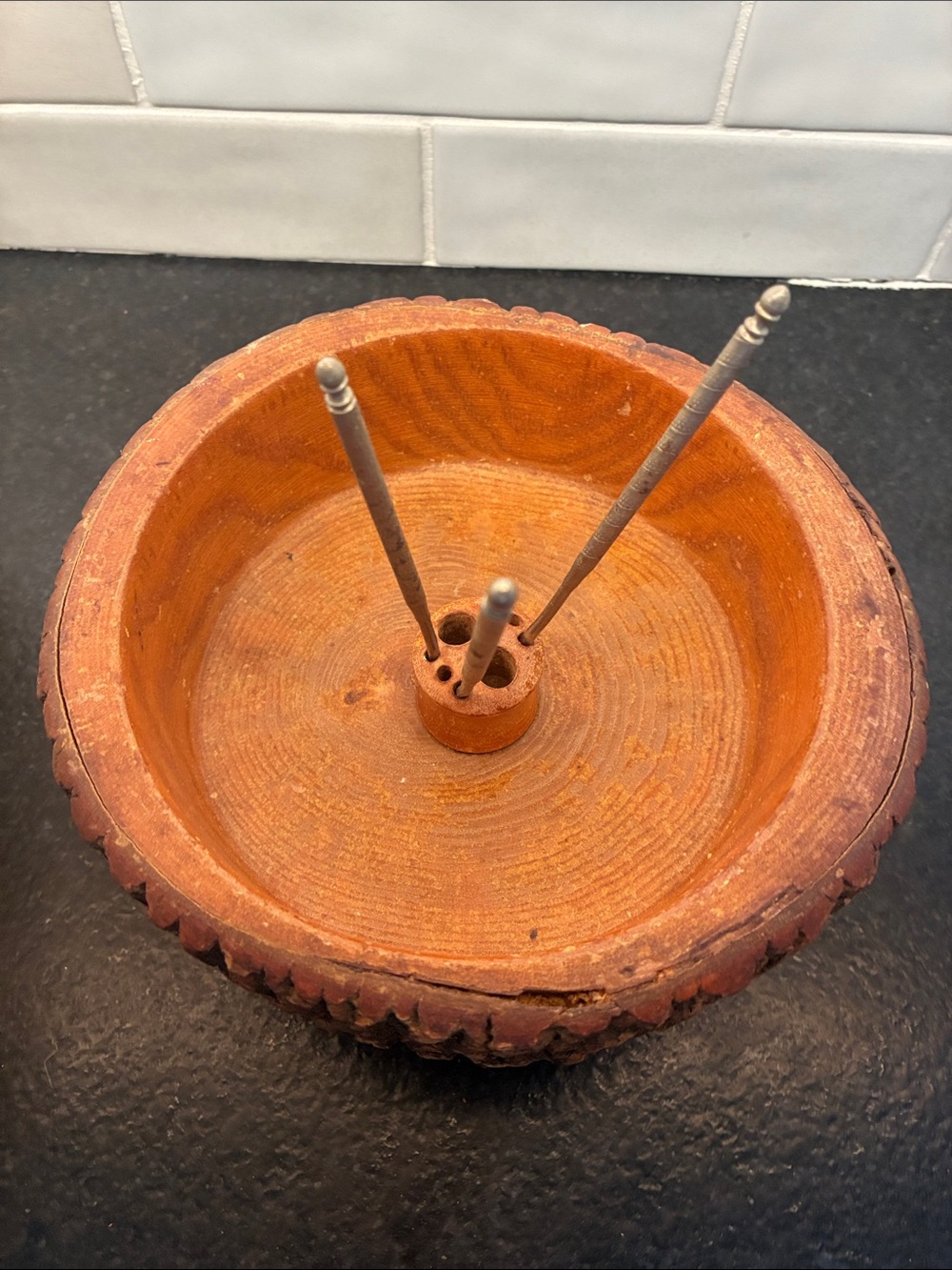 Wooden Nut Bowl with Metal Picks. Rustic 1930s or 40s. 3 legs.